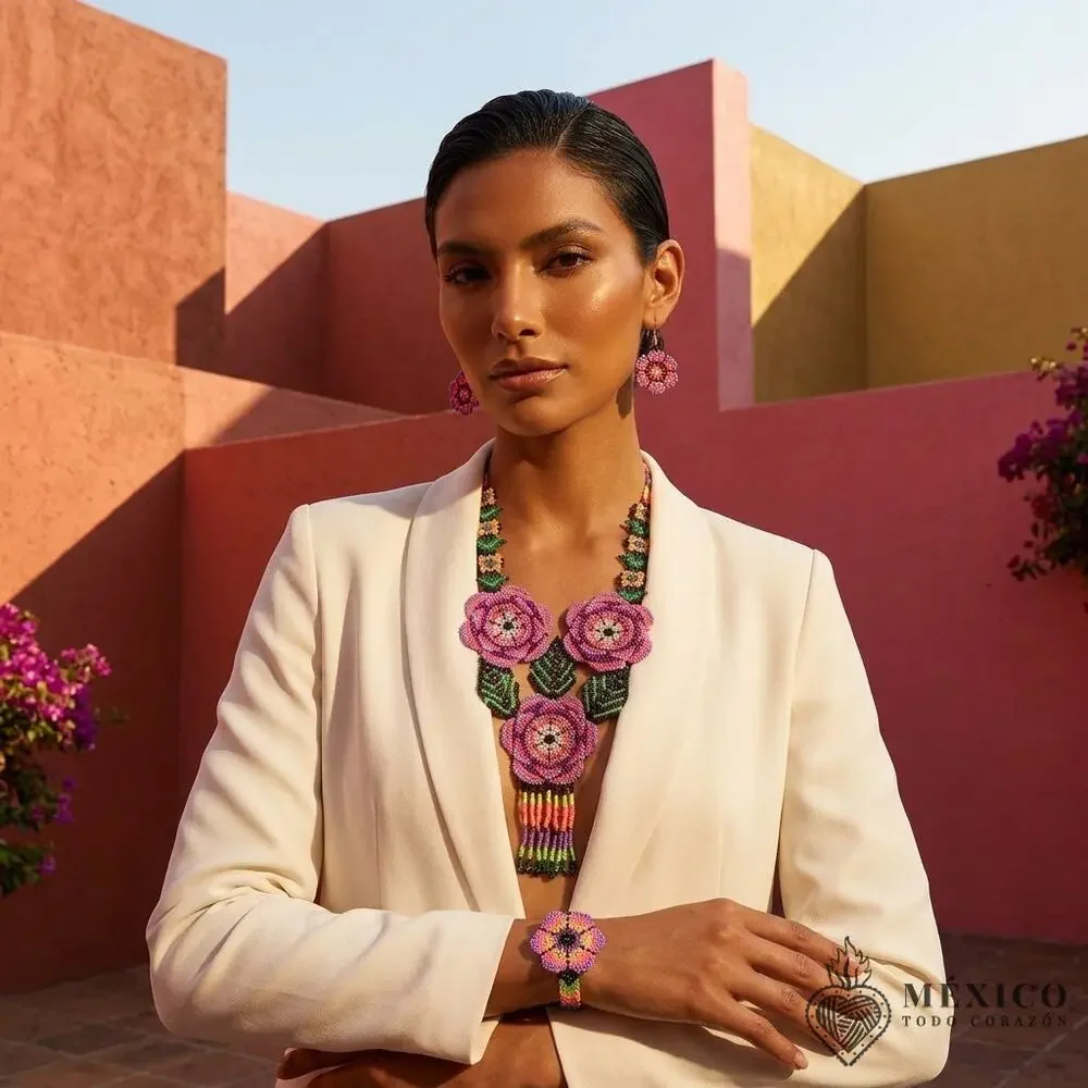 Huichol Mexican art 3 piece necklace earings and bracelet orange